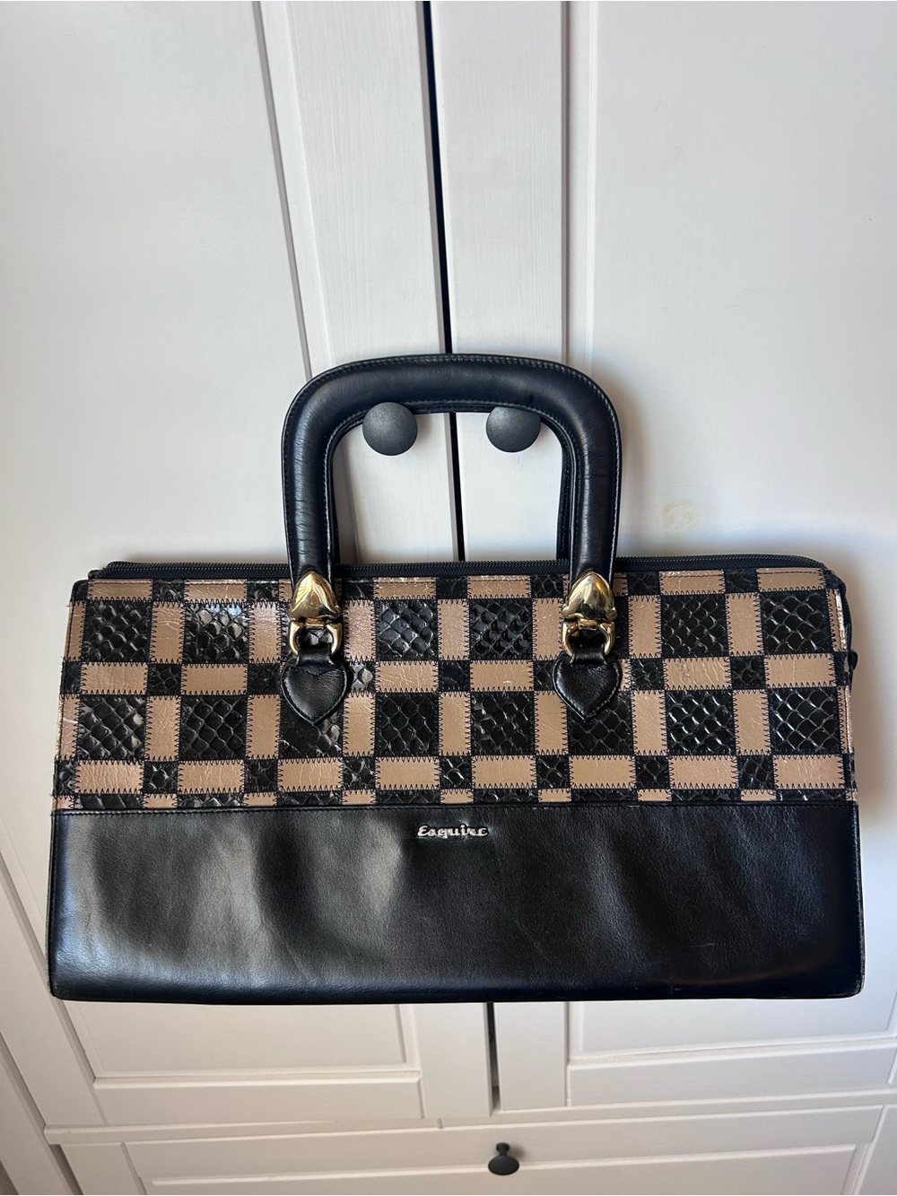 Black and Tan Checker Satchel with Gold-Tone Hardware